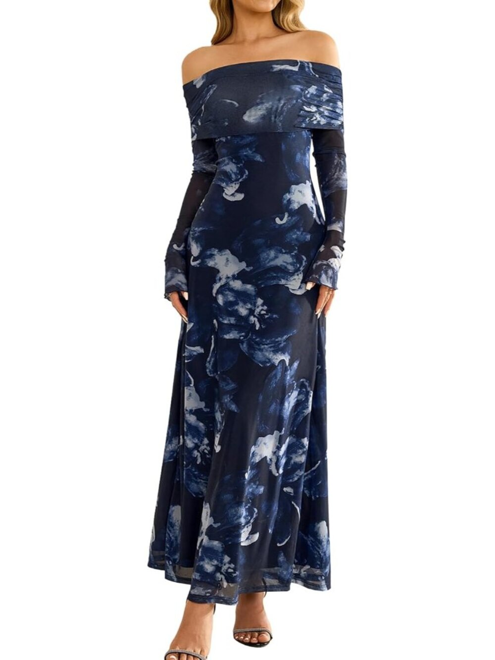 Women's Black Floral Off Shoulder Long Sleeve Formal Wedding Guest Maxi Dresses